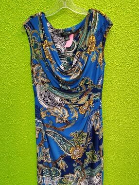 Lauren Ralph Lauren Blue Paisley Cowl Neck Dress with Gold Accents
